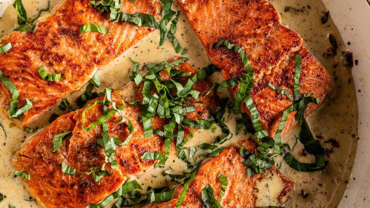 Marry Me Salmon in a cooking pan